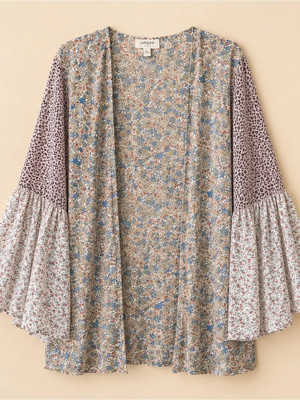 Pink Brown Sheer Bell Sleeve Ditzy Floral Boho Kimono Robe Boho EUC M/L #1474